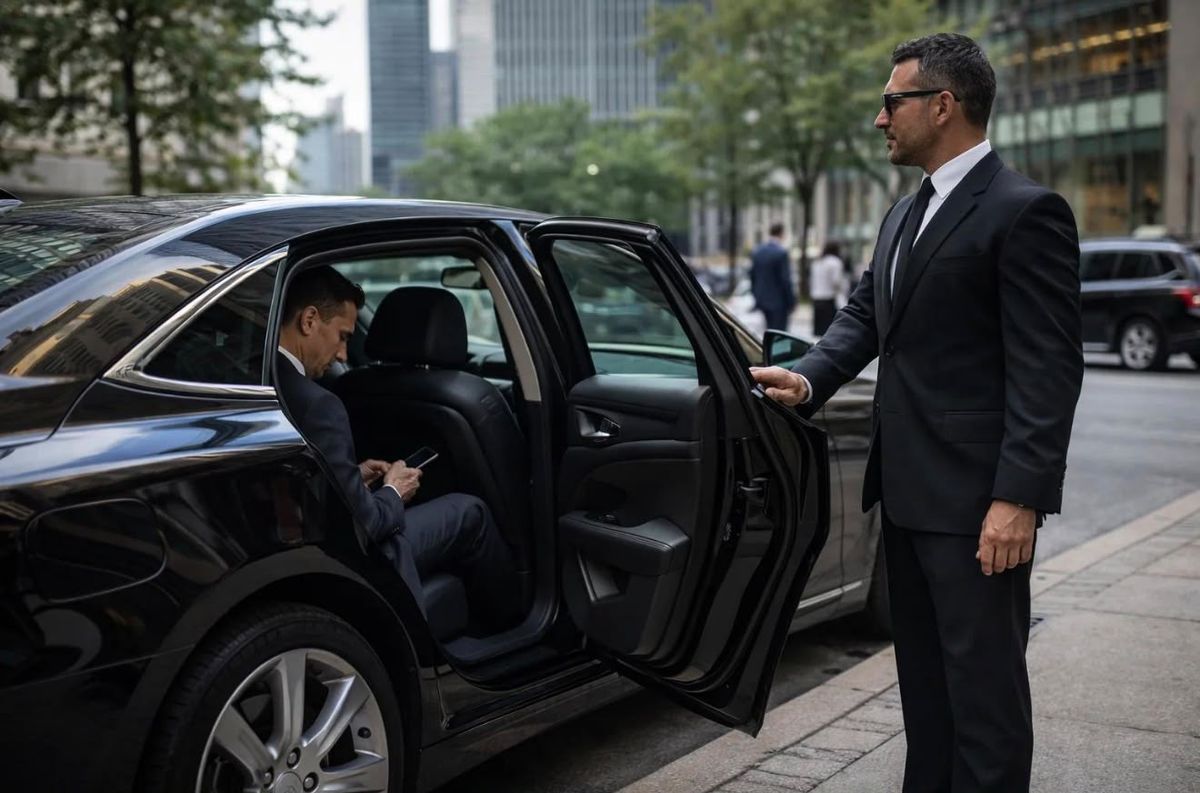 Chauffeur en costume tenant la portière d'une berline noire pour son client